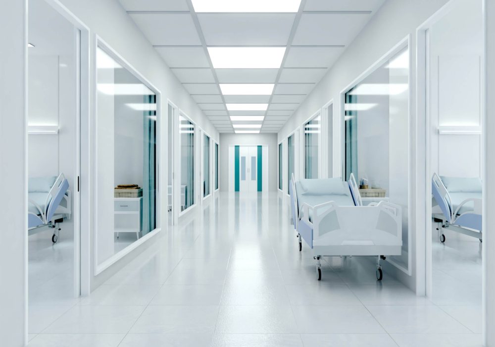 Empty corridor in modern hospital with hospital bed.3d rendering
