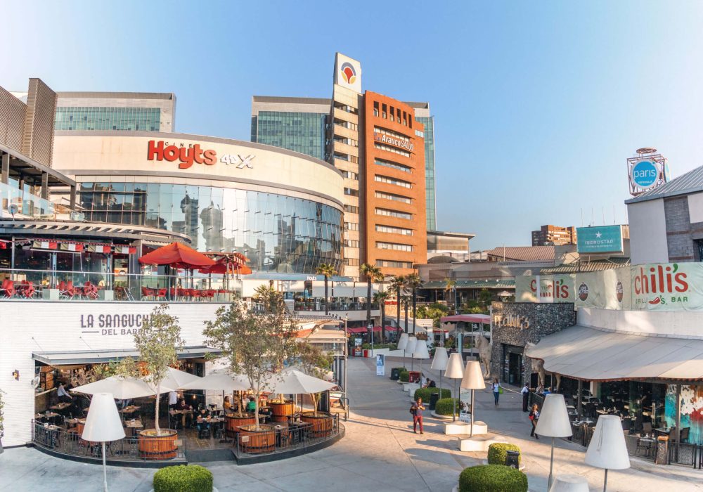 Santiago, Chile - Apr 4, 2018: Parque Arauco shopping mall with people passing by - Santiago, Chile